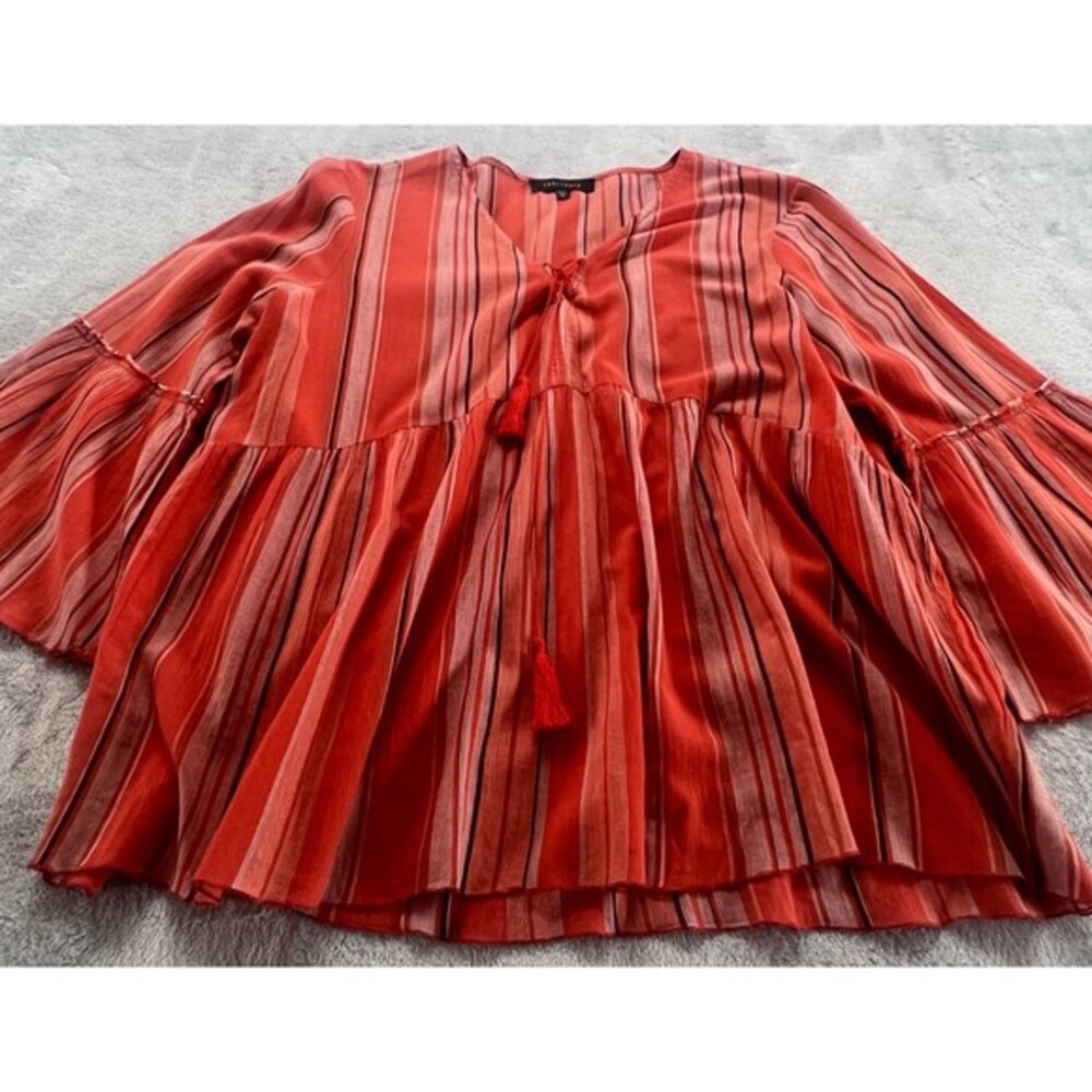 Sanctuary Top‎ Womens M Orange Striped Bell Sleeve Peasant Sedona V Neck Blouse - Picture 2 of 9